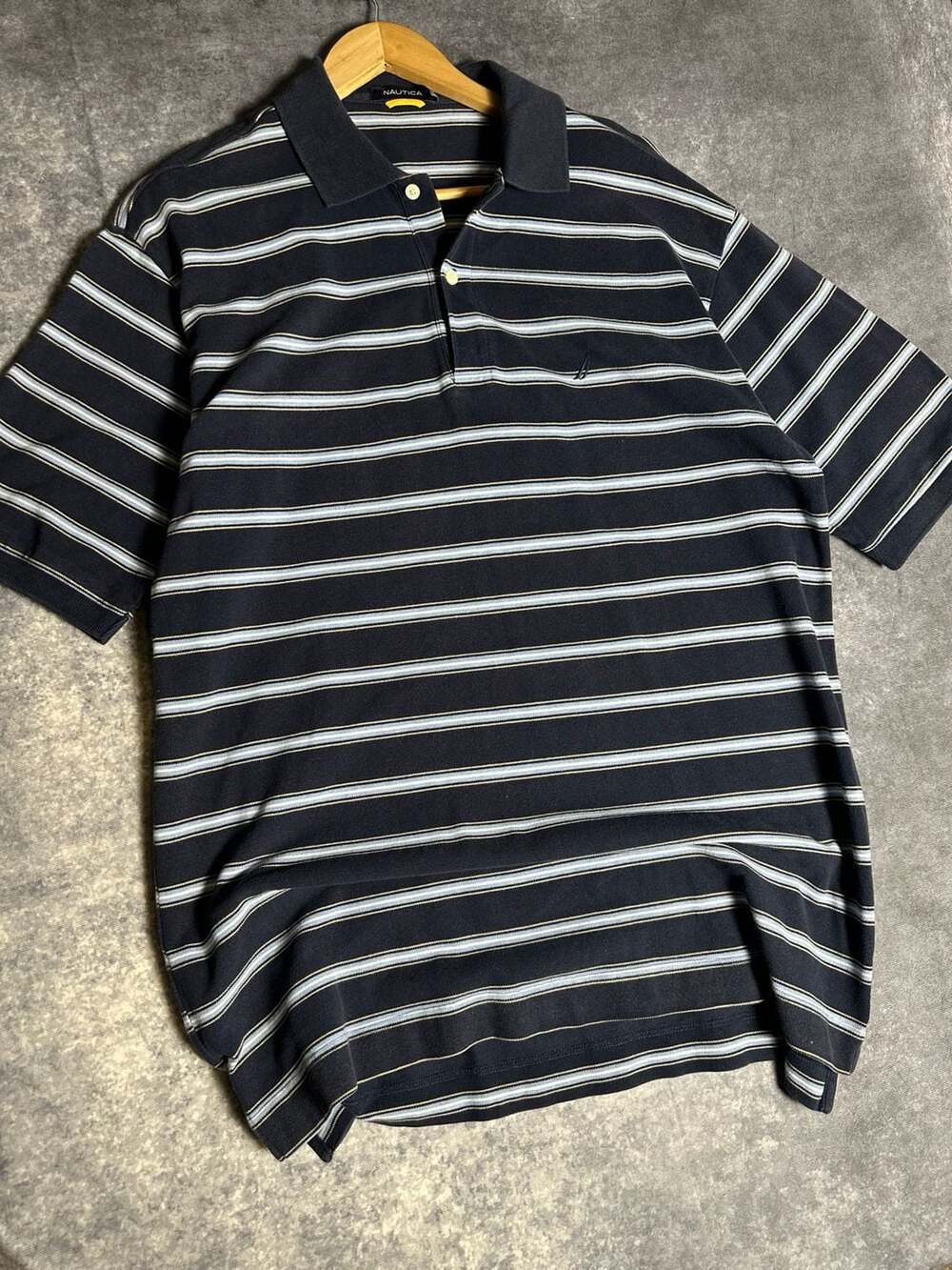 Nautica Navy Blue Striped Short Sleeve Polo Shirt